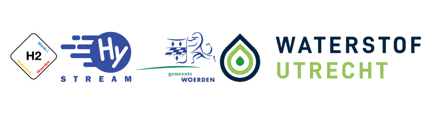 4 logo's naast elkaar: Waterstof Woerden Werkt, Hystream, Gemeente Woerden, Waterstof Utrecht