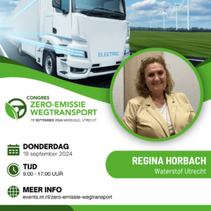 Sprekersbanner congres zero-emssie wegtransport met foto Regina Horbach